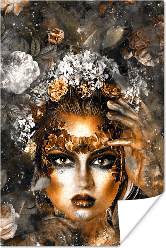 MuchoWow Poster Frauen - Blumen - Gold 20x30 cm - Papierdruck