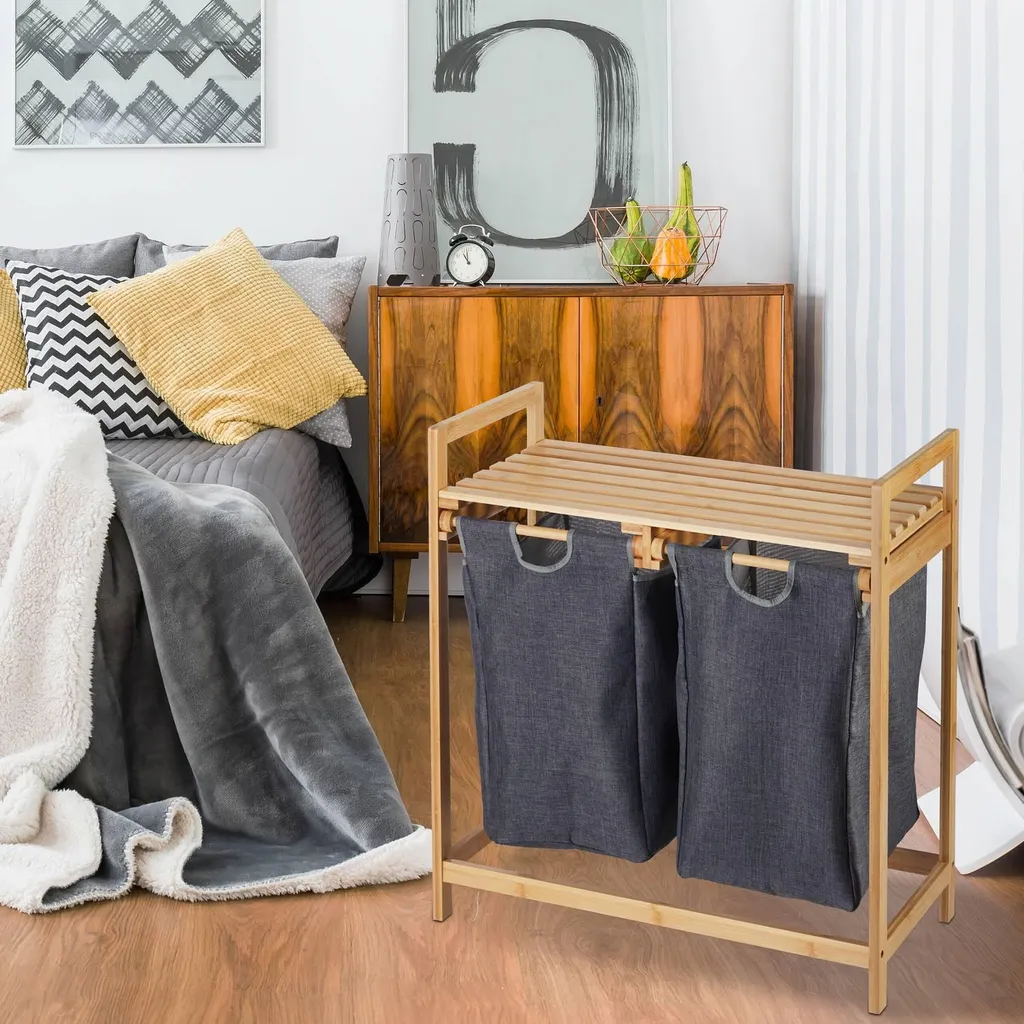 Meuble Buanderie Panier à Linge Double avec Tablette de Rangement Chic - 5