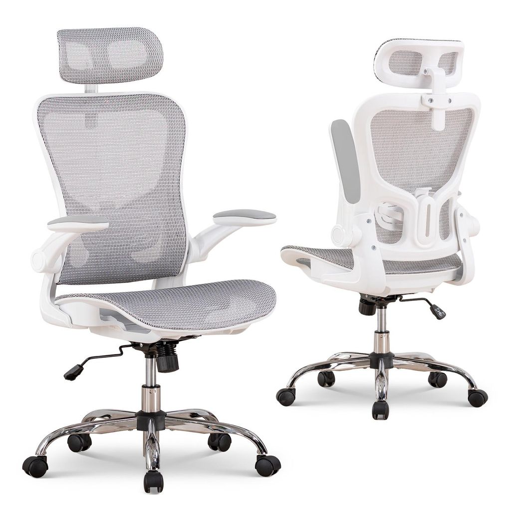 Two views of an ergonomic office chair against a white background.