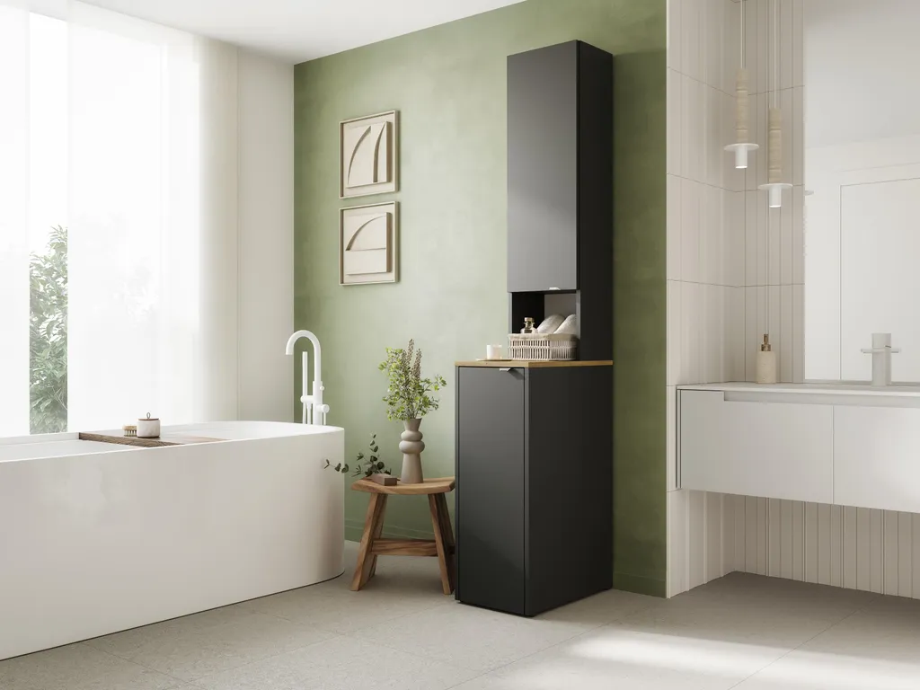 Colonne de salle de bains haute LORA bois et gris anthracite 210x33cm