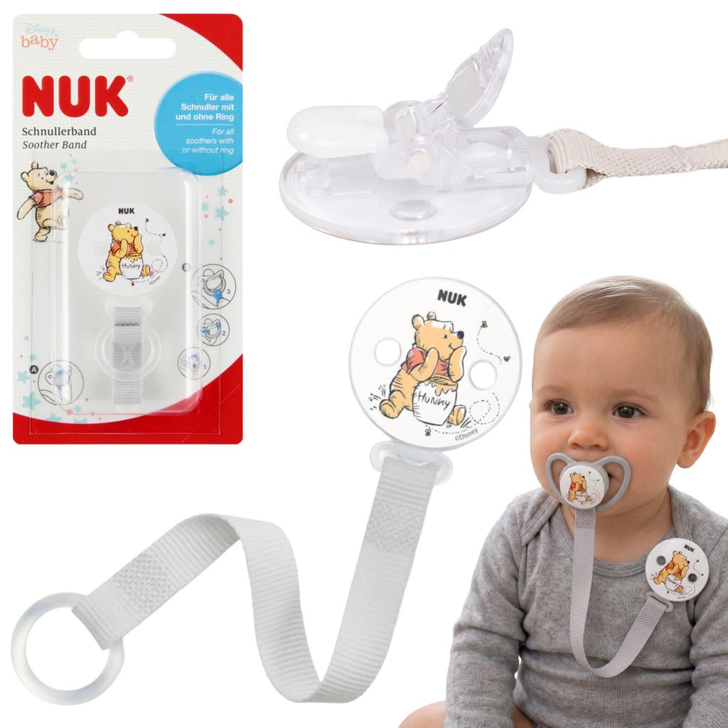 DISNEY Winnie Puuh graues Band für einen Beruhigungsschnuller, Befestigungsclip für Schnuller mit Clip NUK