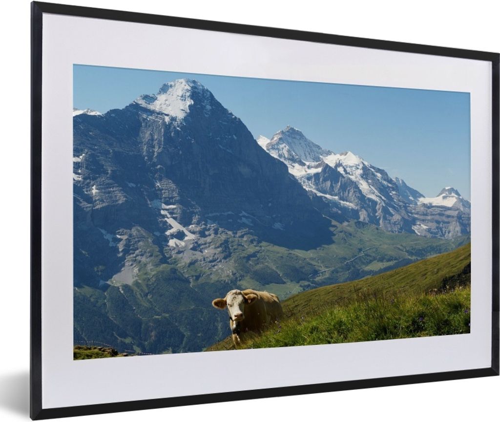 MuchoWow MuchoWow Gerahmtes Poster Schweizer Kuh vor dem Eiger in der Jungfrauregion 60x40 cm - Poster mit zchwarzem Bilderrahmen - Schlafzimme...