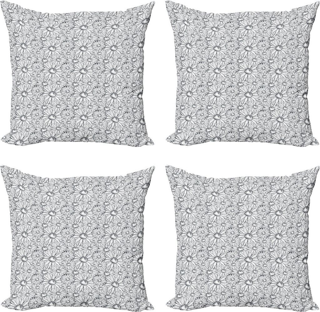 ABAKUHAUS Blumen Kissenbezug Set (4 Stück), Outline Kamillen, Moderner Doppelseitiger Digitaldruck, 50 cm x 50 cm, Dunkelblau, Grau, Weiß