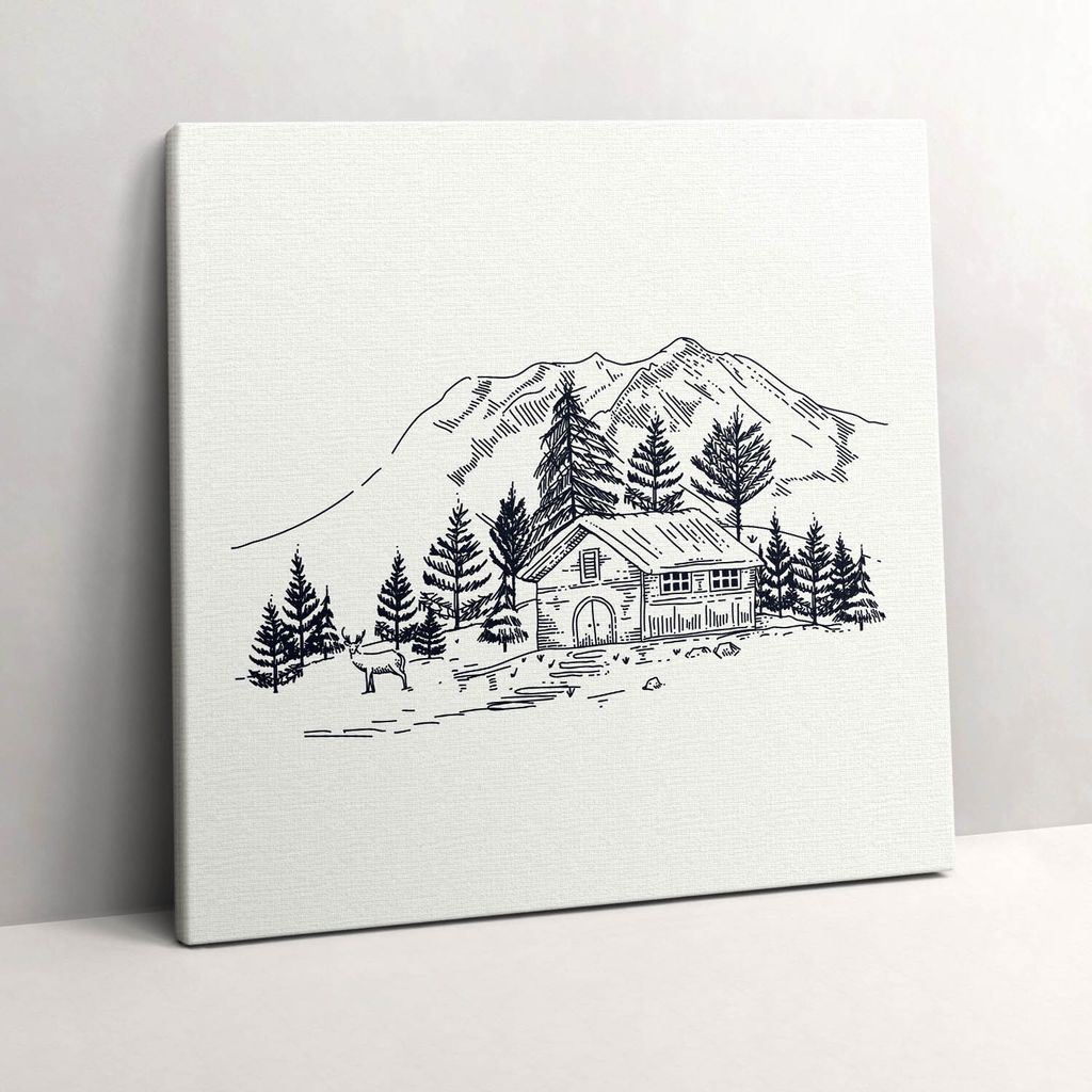 Drawing of a cottage in the mountains – Leinwandbild Wandbild – 60x60 cm – Leinwandbilder – Wandbilder – Schlafzimmer – Flur