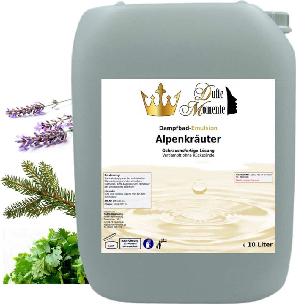 Dufte Momente | Dampfbad Emulsion 10 Liter | Alpenkräuter | gebrauchsfertig | vegan und ohne Tierversuche | hergestellt in Deutschland