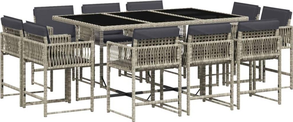 vidaXL 11-tlg. Garten-Essgruppe mit Kissen Hellgrau Poly Rattan