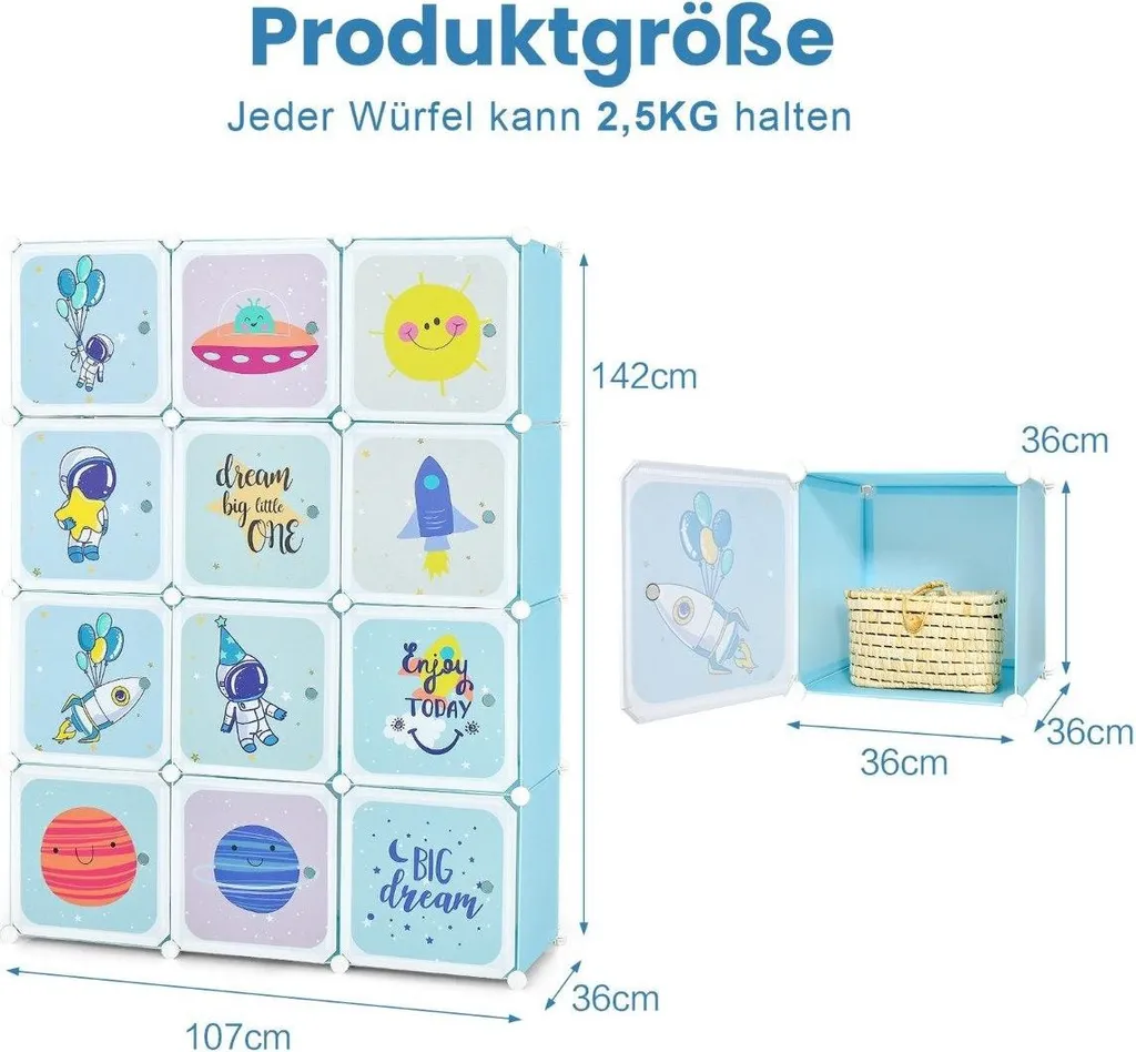 Meuble de rangement bleu pour chambre d'enfant, armoire 12 cubes modulables - 2