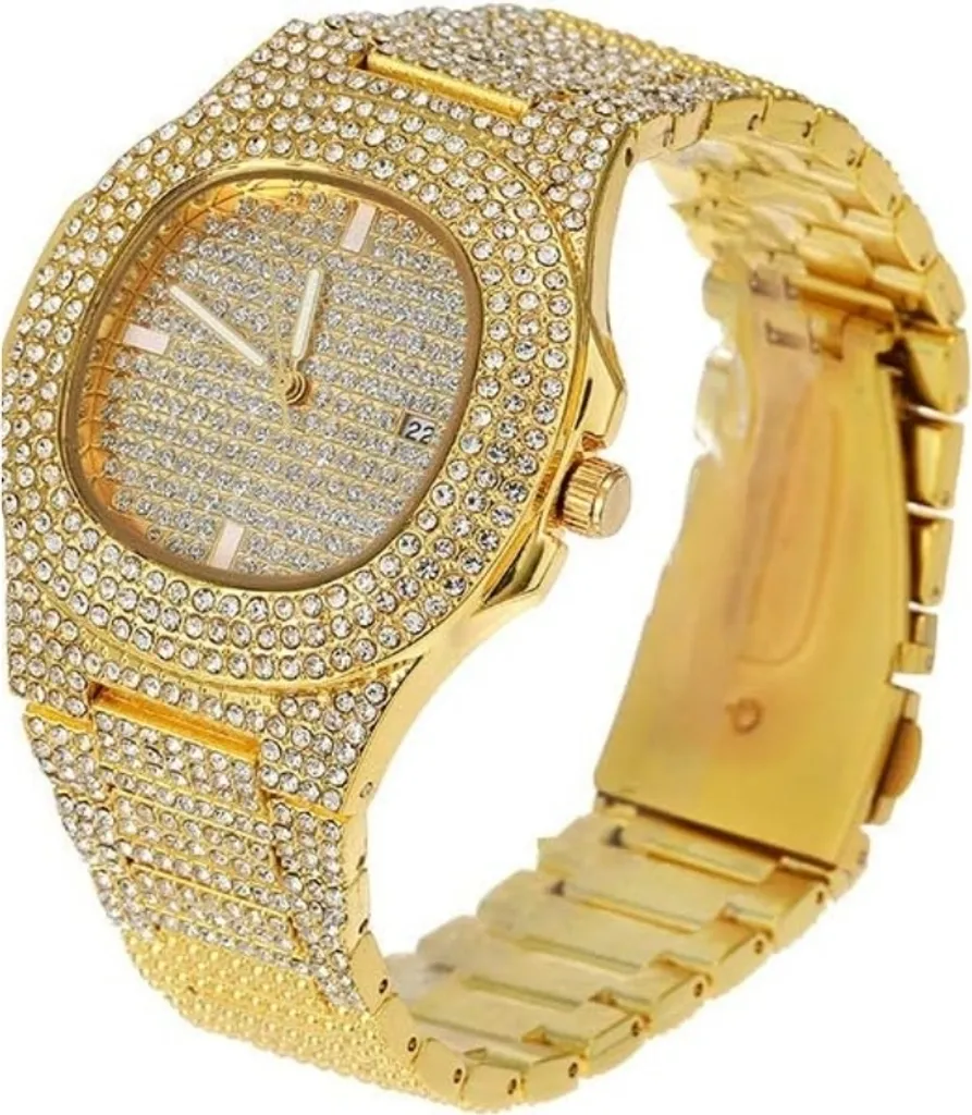 Orologio da polso dorato con strass e bracciale in acciaio inossidabile, orologio analogico al quarzo, unisex - LUXURIA