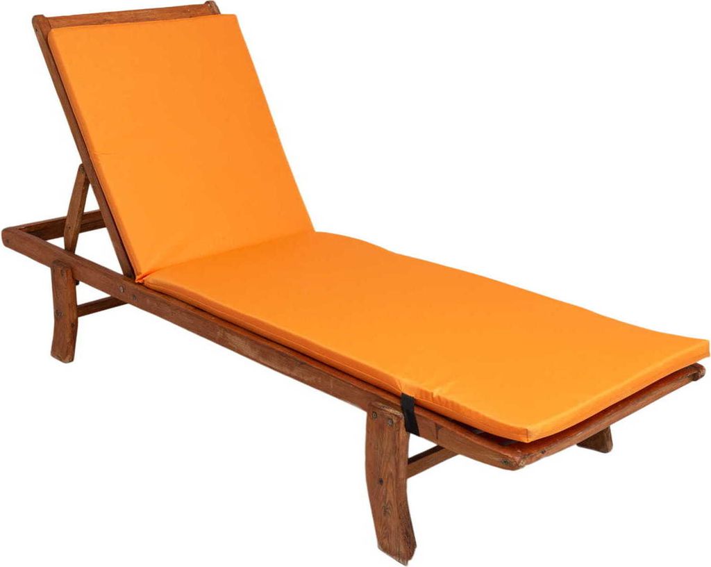 A wooden lounge chair with an orange cushion, shown against a white background.