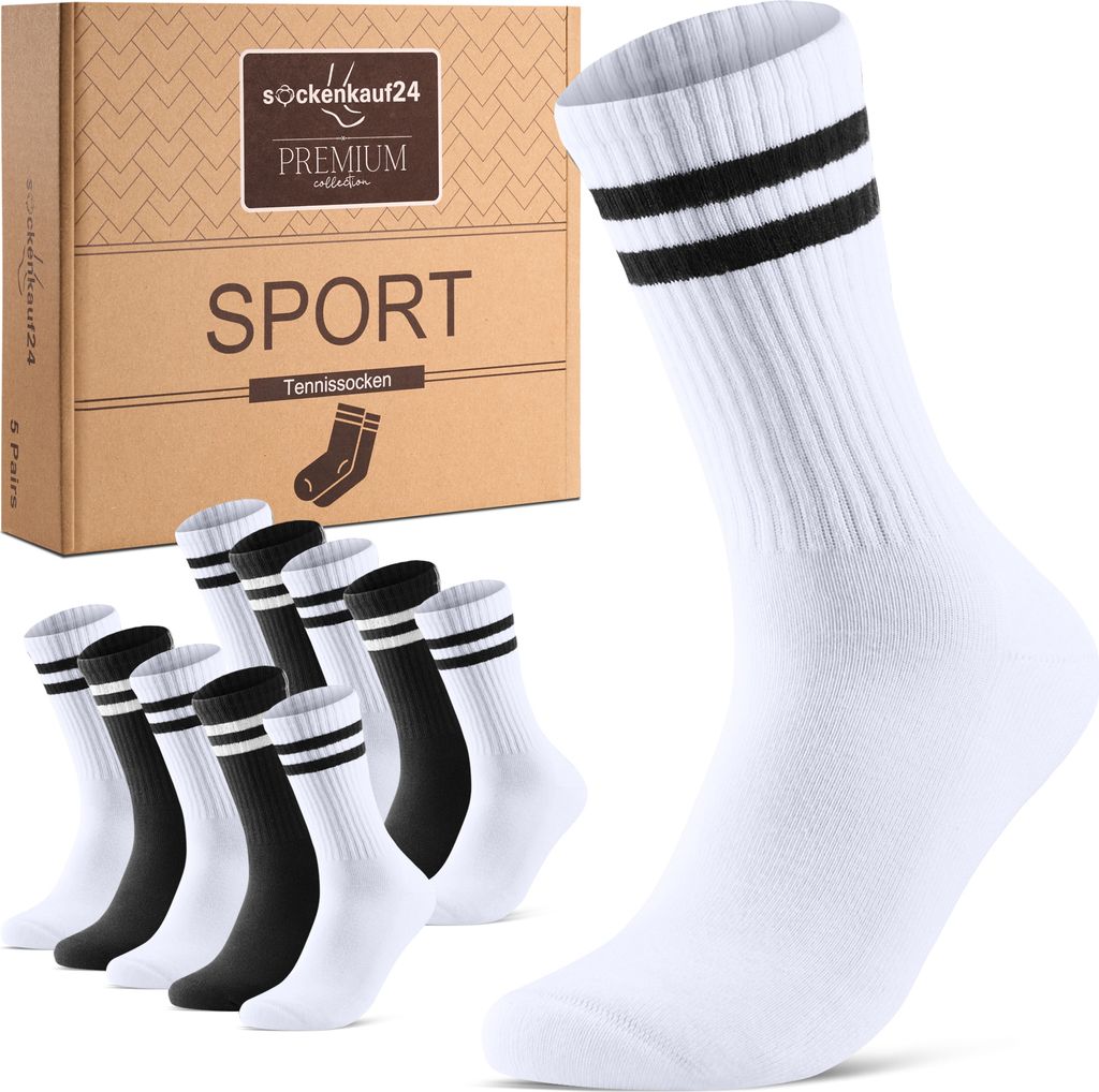 Tennissocken 5 Paar Premium Sportsocken Damen & Herren Crew Socks Sort.4-/Schwarz-Weiß-/43-46
