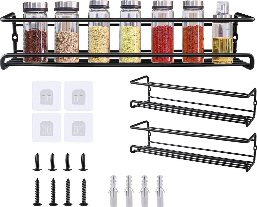 Wandmontiertes Gewürzregal, 2er-Set, Küchengewürz-Organizer, Metall-Wandregal zur Aufbewahrung von Gewürzen in Küche, Bad oder Balkon, Schwarz