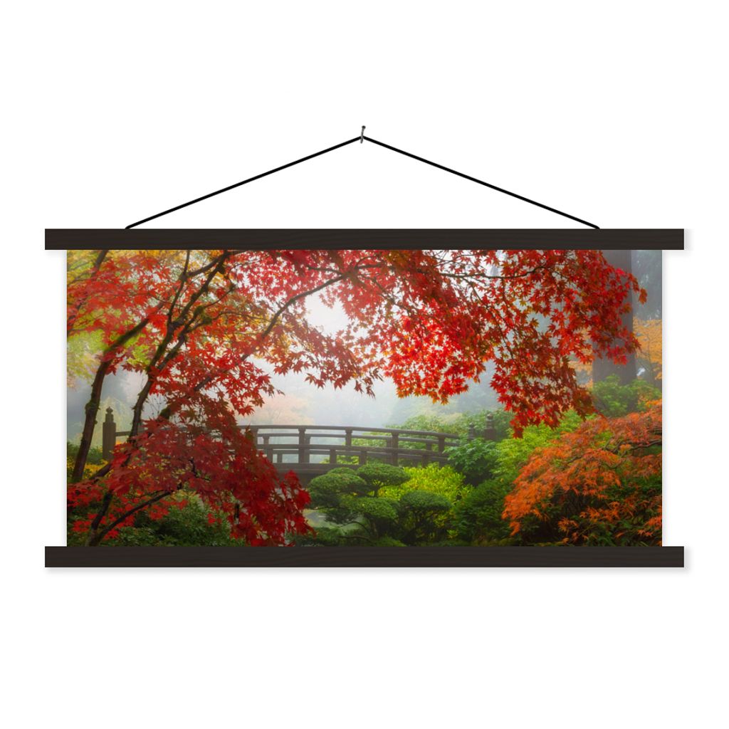 MuchoWow Textilposter Japanischer Ahorn - Bäume - Brücke - Natur - Japanisch 90x45 cm mit schwarzem Rahmen - Klemmleisten