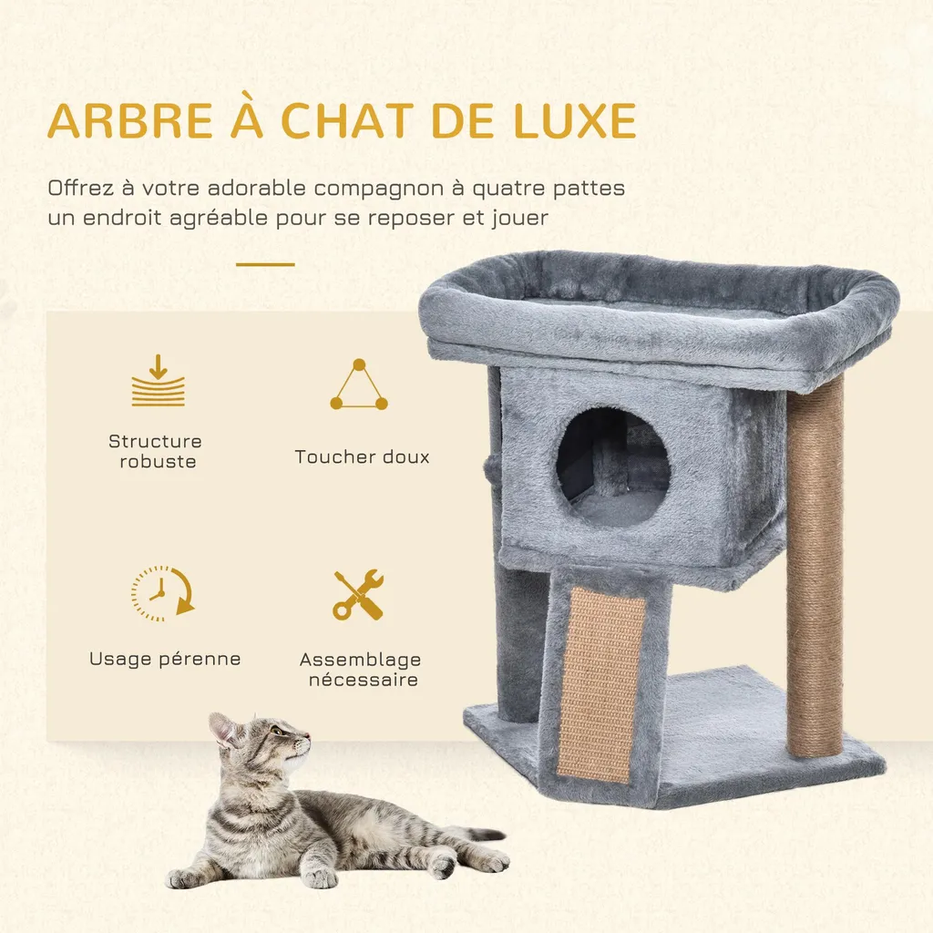 Petit arbre à chat design avec plateforme d'observation et niche grise