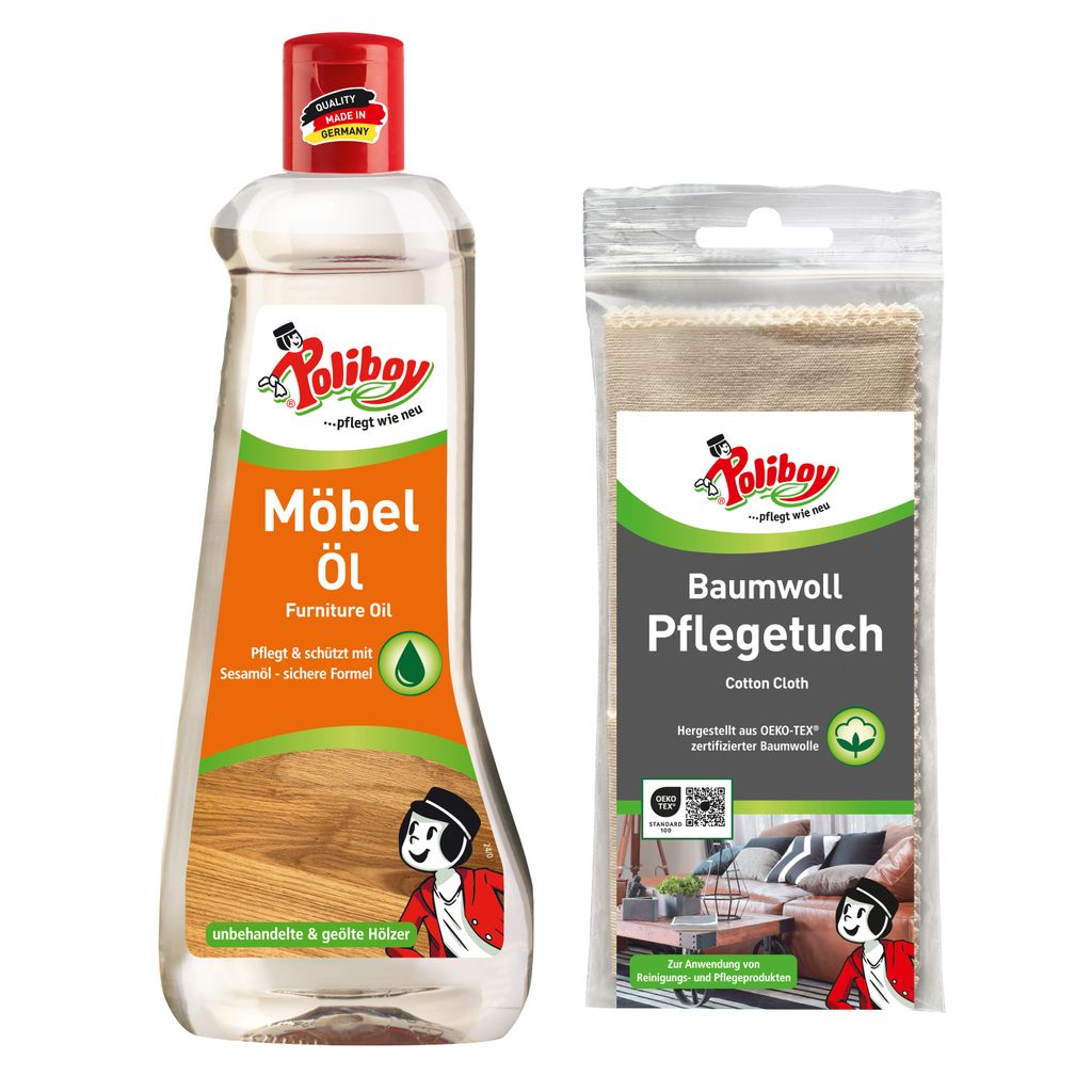 Poliboy Möbel Öl - 500ml - Nährendes Holzpflegemittel für Holzmöbel - Farbloses Holzöl - Mit Baumwolltuch - 99A5801
