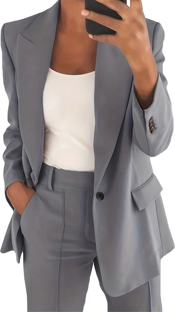 ASKSA Damen Hosenanzug Zweiteiler Slim Fit Blazer Hose Outfit Einfarbig Revers Casual Freizeitanzug, Grau, Groesse: 4XL