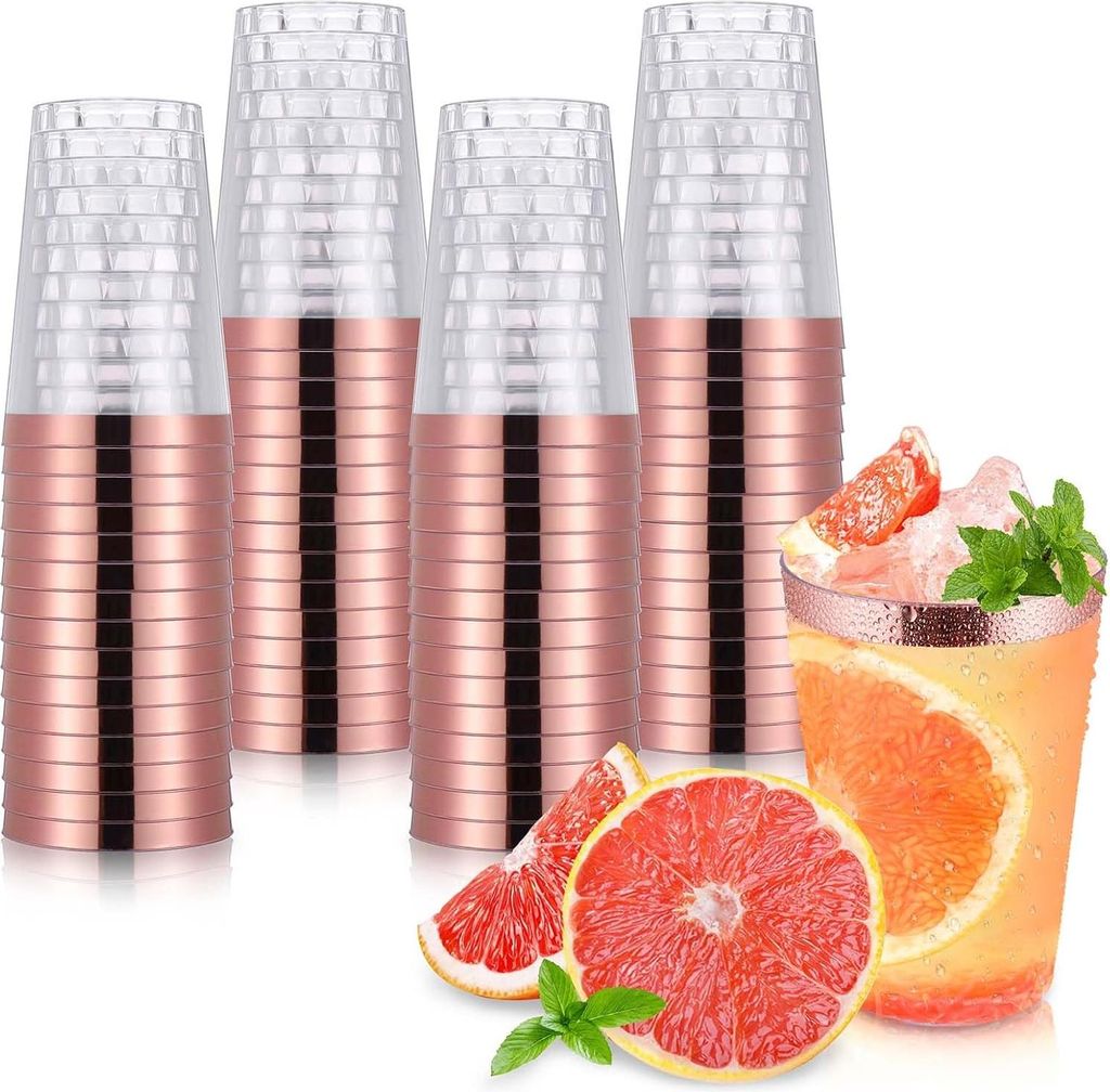 60 Stück Plastikbecher, 360ml Kunststoff Becher, Wiederverwendbarer Partybecher, Weingläser, Trinkbecher mit rosegoldem Rand für Cocktail, Champ...