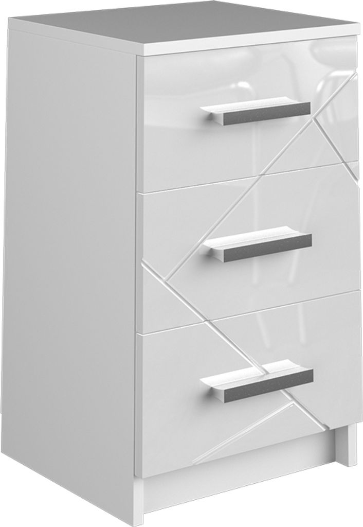 A white high-gloss bedside table with three drawers.