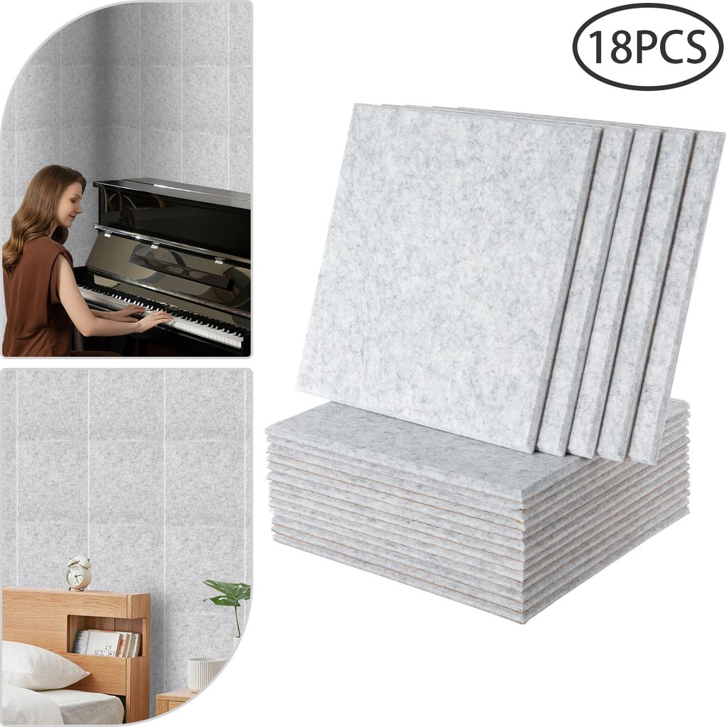 A collage showing a woman playing a piano, a stack of acoustic panels, and a bedroom scene with acoustic panels on the wall.