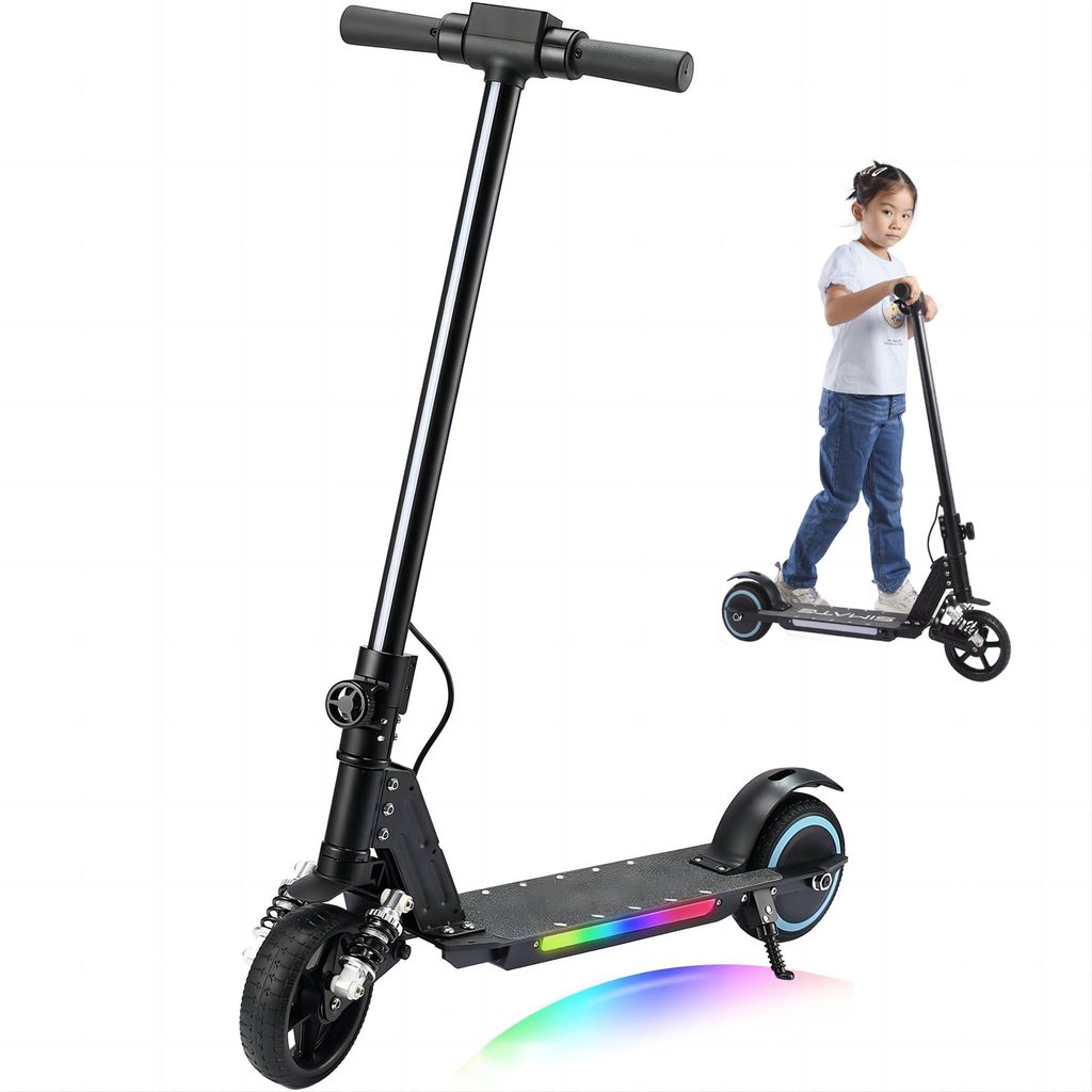 Elektroscooter S5 Schwarz Für Kinder mit bunten LED-Lichtern und Federdämpfung, Klappbar Elektroroller Max. Geschwindigkeit 14KM/H, Max. Belastun...