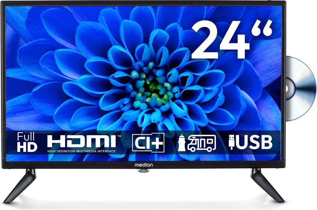 MEDION 59,9 cm (24 Zoll) Full HD Fernseher (integrierter DVD-Player, perfekt für Camping Wohnmobil LKW Garten, 12V KFZ Car-Adapter, Triple Tuner R...