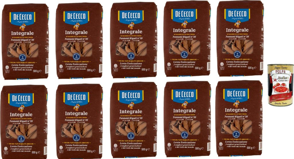 De Cecco Integrale Pennoni rigati N° 39, Pasta integrale, Vollkornnudeln, 10x 500g + Italian Gourmet polpa 400g