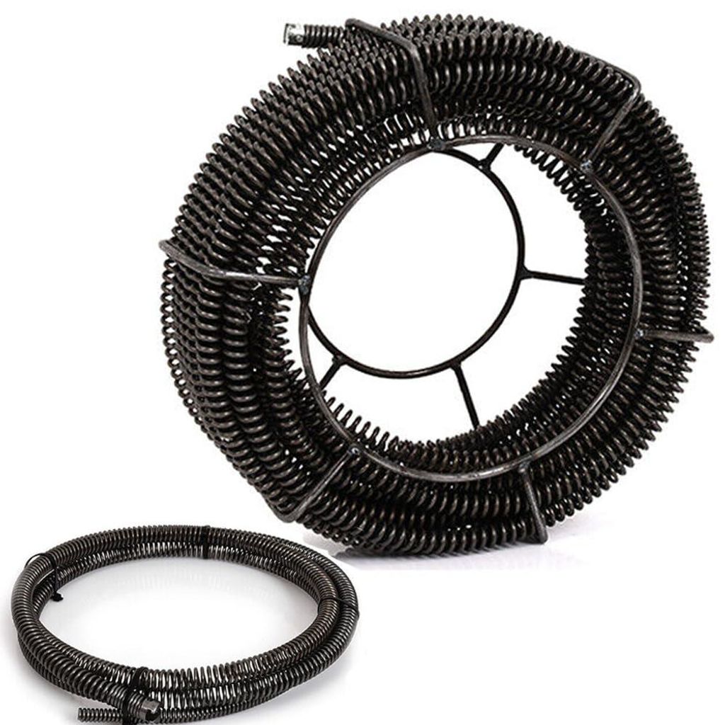 A coiled drain cleaning snake is shown, with a smaller coil in the foreground.