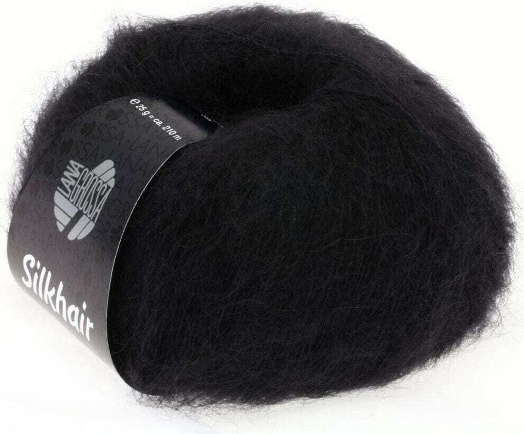 A ball of black yarn on a white background.