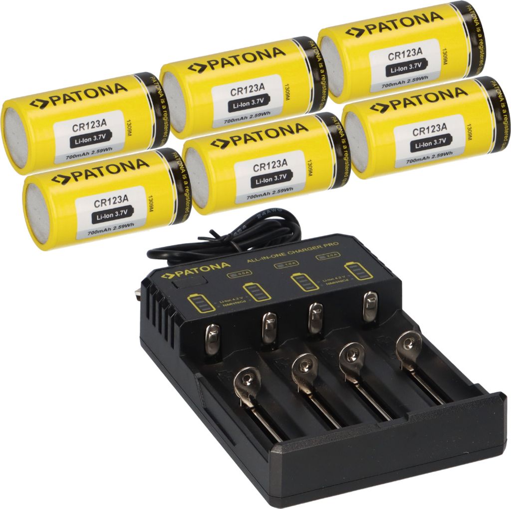 6x PATONA Li-Ion 3,7V Akku CR123A 700mAh 2,59Wh + Lader