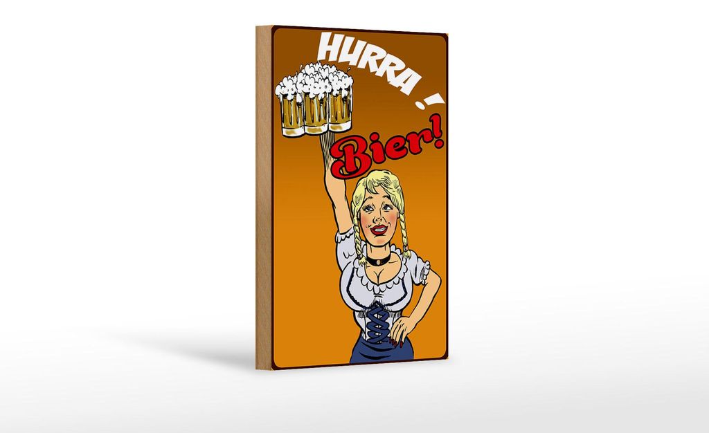 Holzschild Pinup 12x18 cm Hurra Bier