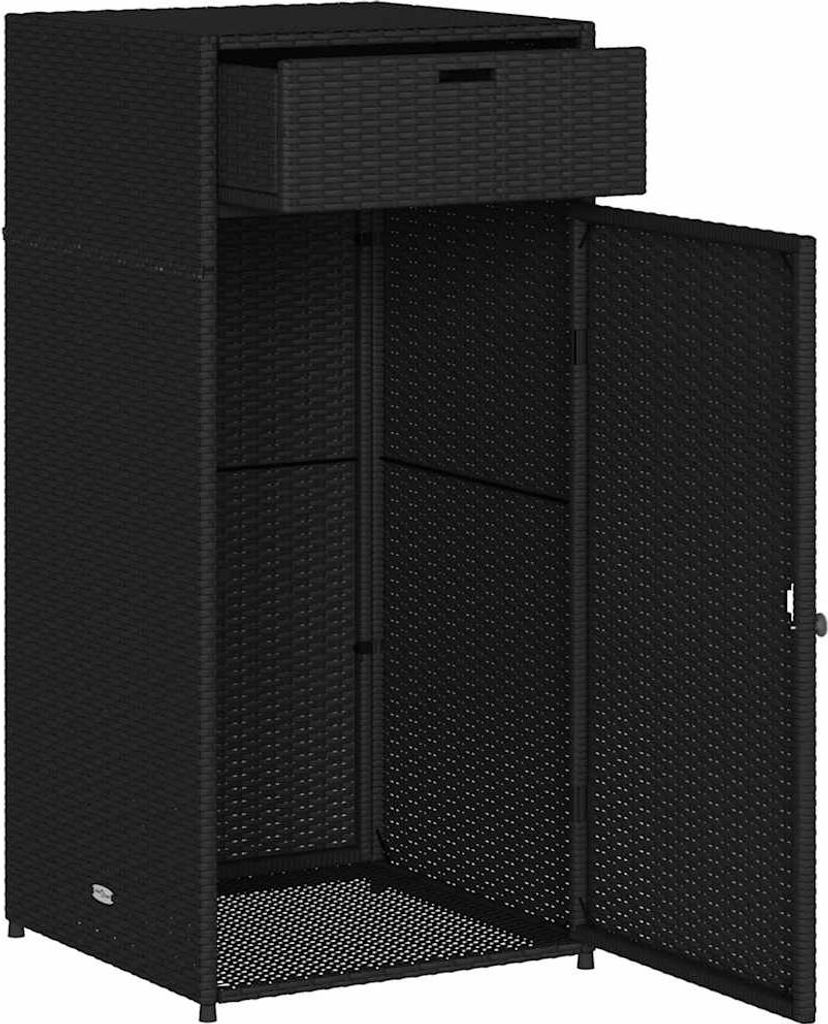 A black poly rattan garden cabinet with one drawer and two doors, shown with the doors open.
