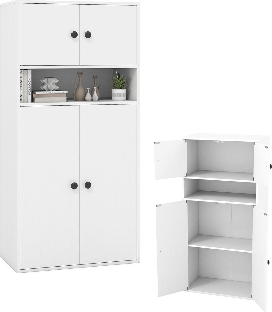 KOMFOTTEU Bücherregal mit 3 Ebenen, Bücherschrank mit 2 Schränken mit Türen und offenem Regal, Würfelregal mit verstellbarem Regal, für Arbei...