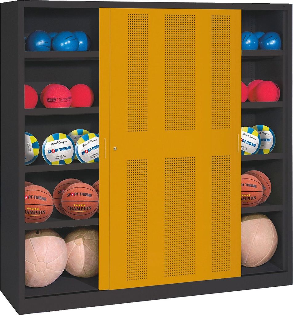 C+P Ballschrank mit Lochblech-Schiebetüren (Typ 4), HxBxT 195x120x50 cm, Goldgelb (RAL 1004), Anthrazit (RAL 7021), Gleichschließung
