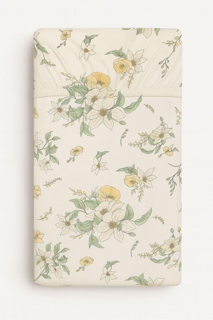 Baumwoll-Spannbettlaken für ein Kinderbett 120x60 cm - Clematis auf Beige