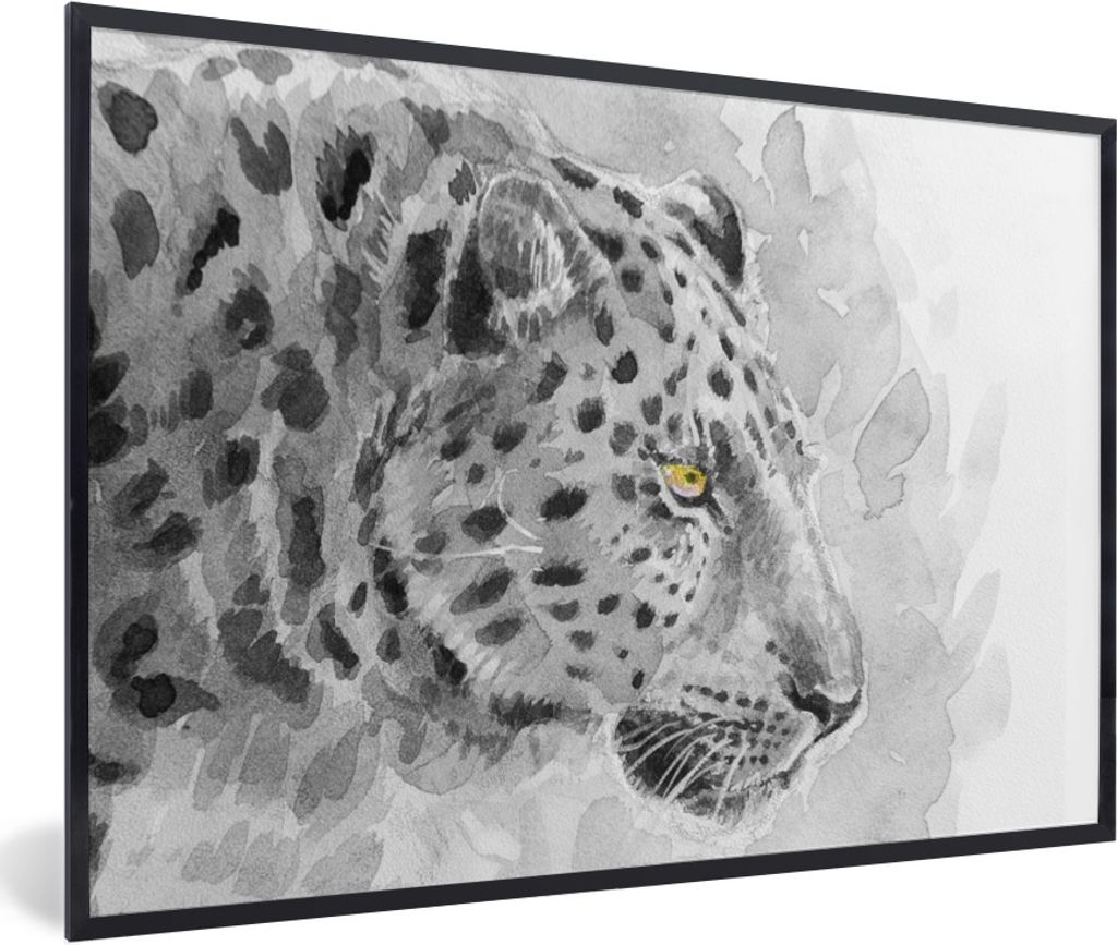 MuchoWow Gerahmtes Poster Leopard - Schwarz - Weiß - Profil 90x60 cm - Poster mit Schwarzem Bilderrahmen Wandposter Rahmen Foto Bilder - Fotorah...