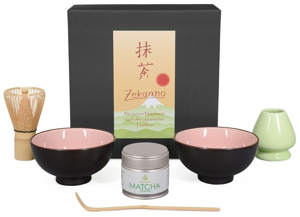 Matcha Set / Matchaset / 2x Matcha Schale 250ml rosa mit Besen/Löffel/Halter/Tee in Geschenkbox