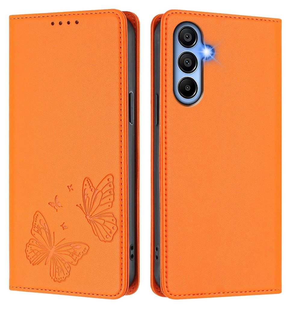 Lederhülle für Samsung Galaxy A15 5G/4G, Schmetterling Prägung Leder Brieftasche Schutzhülle mit Ständer Orange