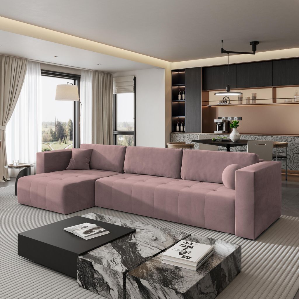 Masseno Ecksofa OLVERA mit Schlaffunktion L-Form, Sofa mit Bettkasten, Wohnzimmersofa, Couch, Soffa, Bettsofa, Couchgarnitur- Rosa, KRONOS 27