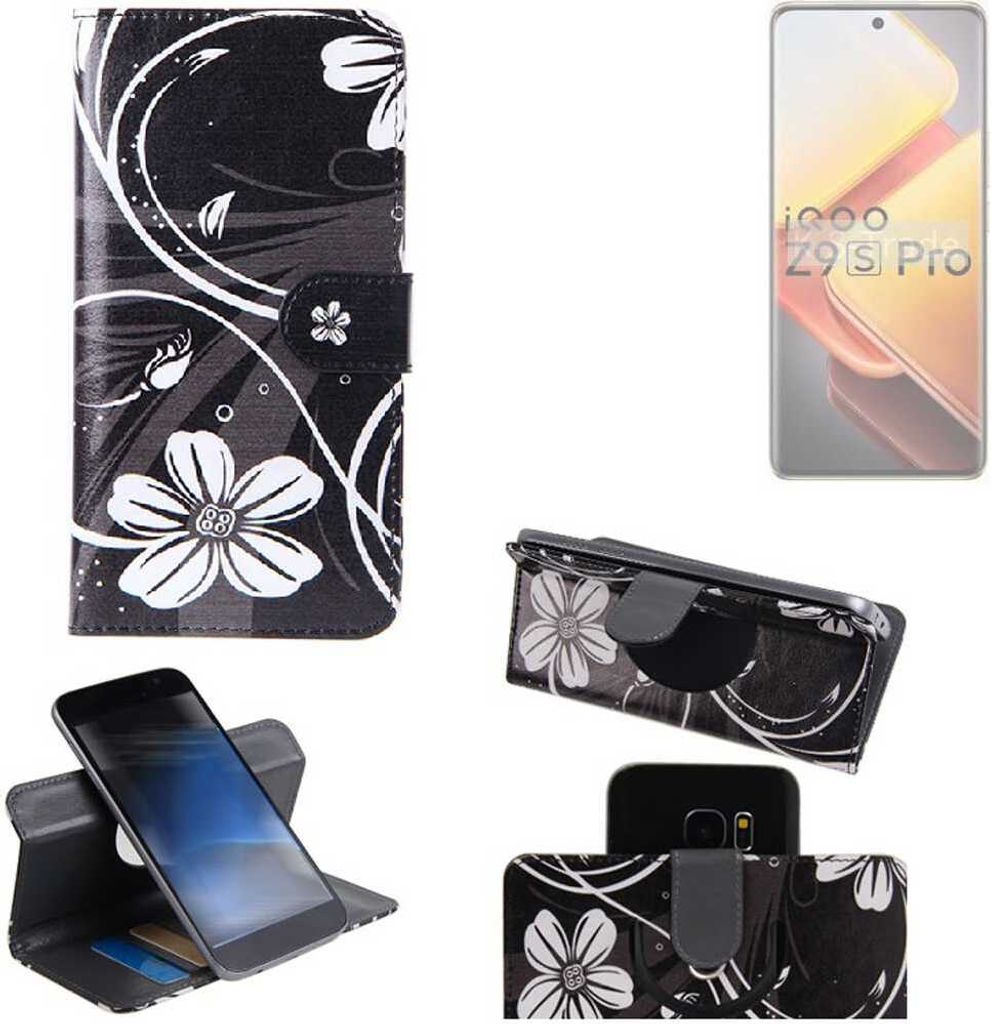 K-S-Trade Schutzhülle Handyhülle kompatibel mit Vivo iQOO Z9s Pro Hülle 360° Wallet Case “Flowers“ Klapphülle Hülle schwarz-weiß 1x