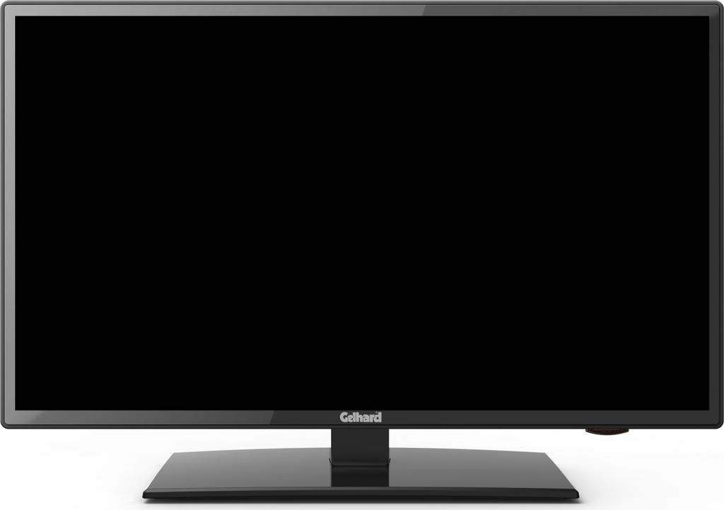 A black LED smart TV with a stand, shown from the front on a white background.