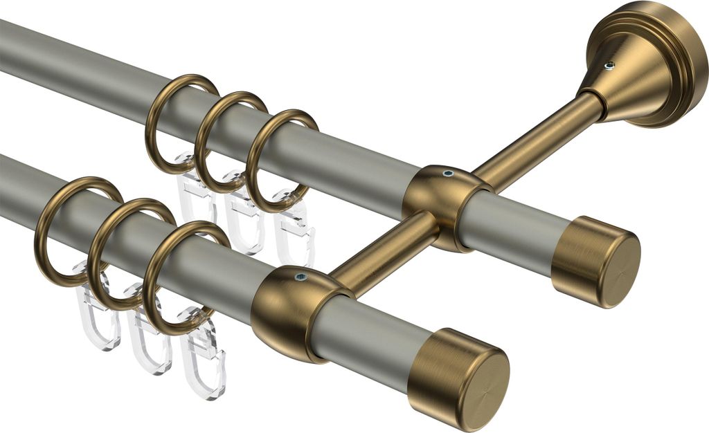 Interdeco Gardinenstange / Vorhangstange Chrom matt / Messing Antik, Typ Primus Lucan (Kappe), 16 mm Ø 2-läufig, 440 cm