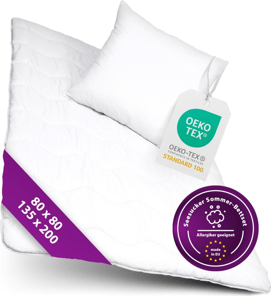 Premium 2-in-1 Seersucker Betten Set Decke 135x200 cm Kissen 80x80 cm kein Bezug nötig, Farbe:Weiß