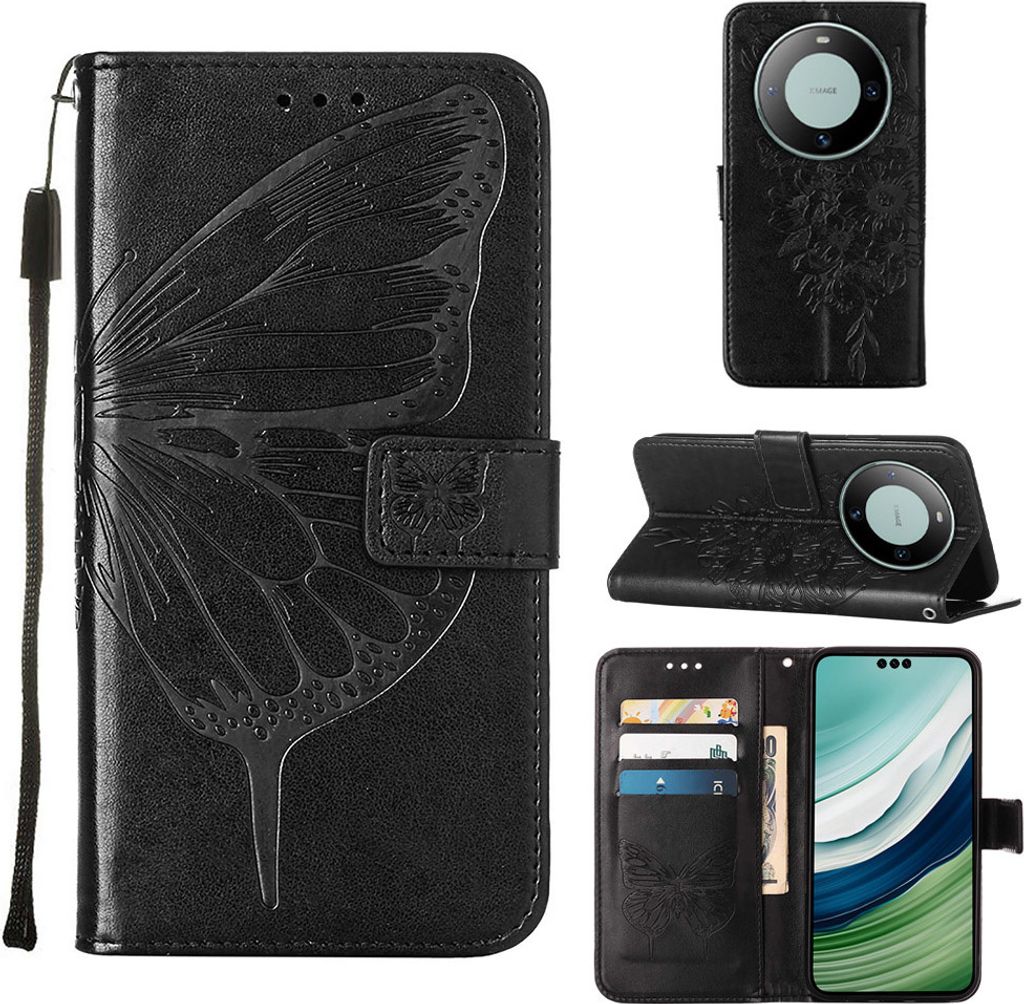Lederhülle für Huawei Mate 60 Pro Schmetterling Prägung Flip Ledertasche Kartenfächer Handyhülle mit Ständer Schwarz