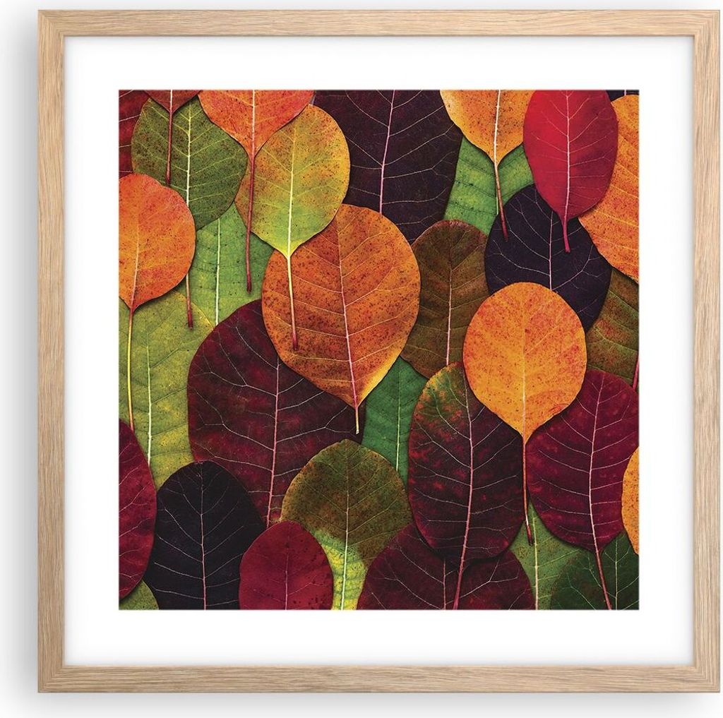 Gerahmtes Poster - Rahmen in heller Eiche - Herbst Blätter Grafiken - 40x40 cm - Wand Bild - Wanddeko - Wandbilder - Kunstposter - Wandposter - Bi...