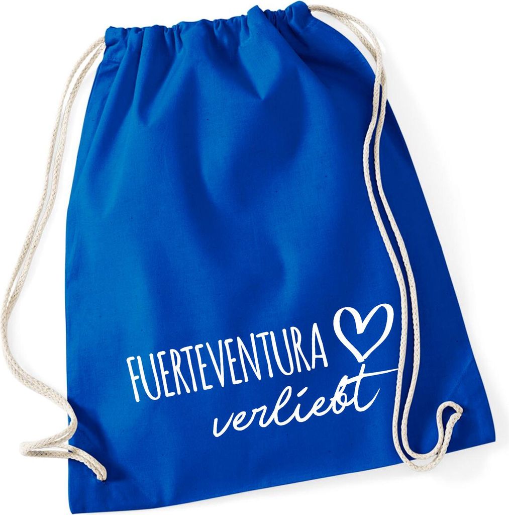 Huuraa Turnbeutel Fuerteventura verliebt 12 Liter Bright Royal Baumwolle Rucksack Geschenkidee