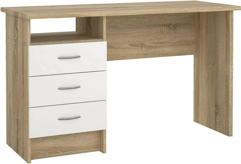 Table d'ordinateur robuste en bois chêne structuré et blanc mat