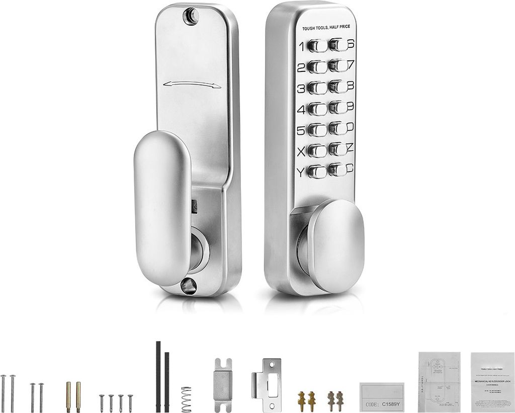 A product shot of a mechanical keyless door lock set, with accessories laid out below.