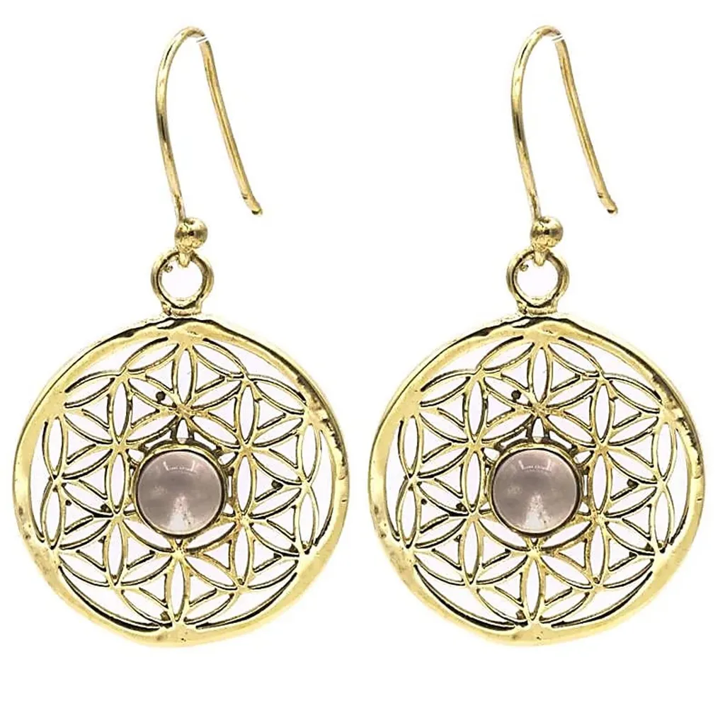 Pendants d'oreilles Fleur de Vie avec perle en Cristal de Roche 25mm