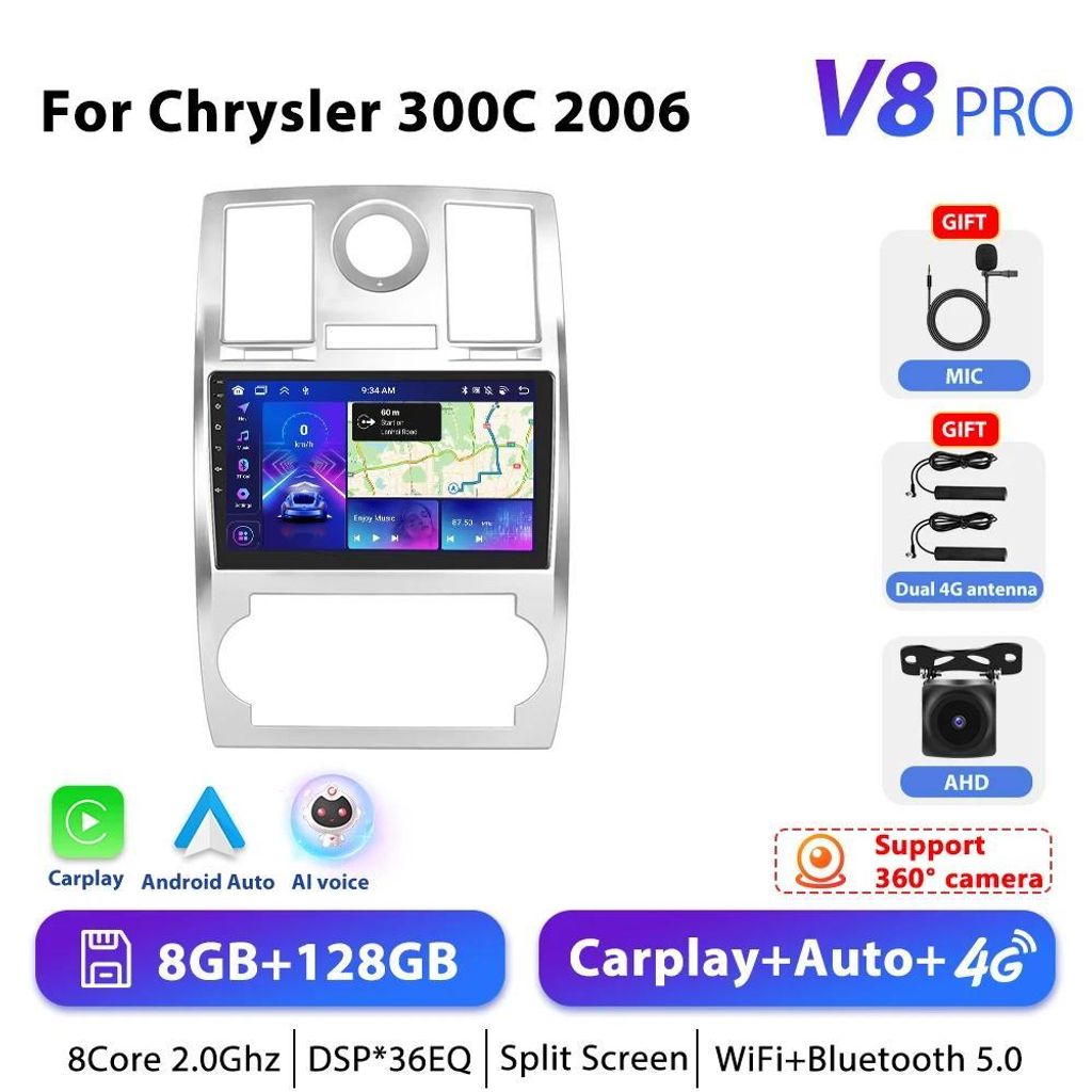 Android 10 Autoradio für Chrysler 300C 2006 - Doppel-DIN - 22,9 cm HD Touchscreen - 4G LTE - AHD Kameraeingang - 6 GB RAM 128 GB ROM - RDS 4×45 W