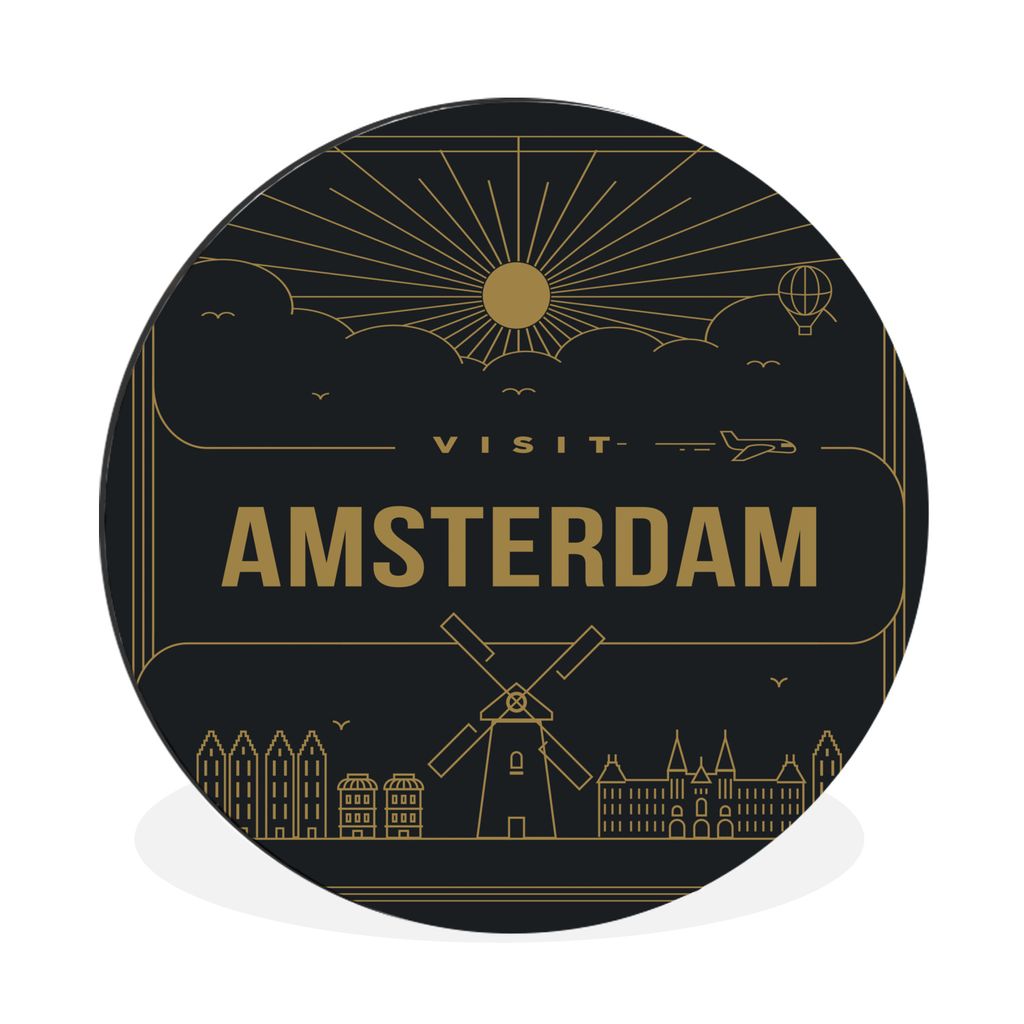 MuchoWow Aluminium Wandkreis Amsterdam - Skyline - Flugzeuge Ø 60 cm Wanddeko Modern Wohnzimmer - Wand Kreis - Wandbild - Schlafzimmer - Alumini...