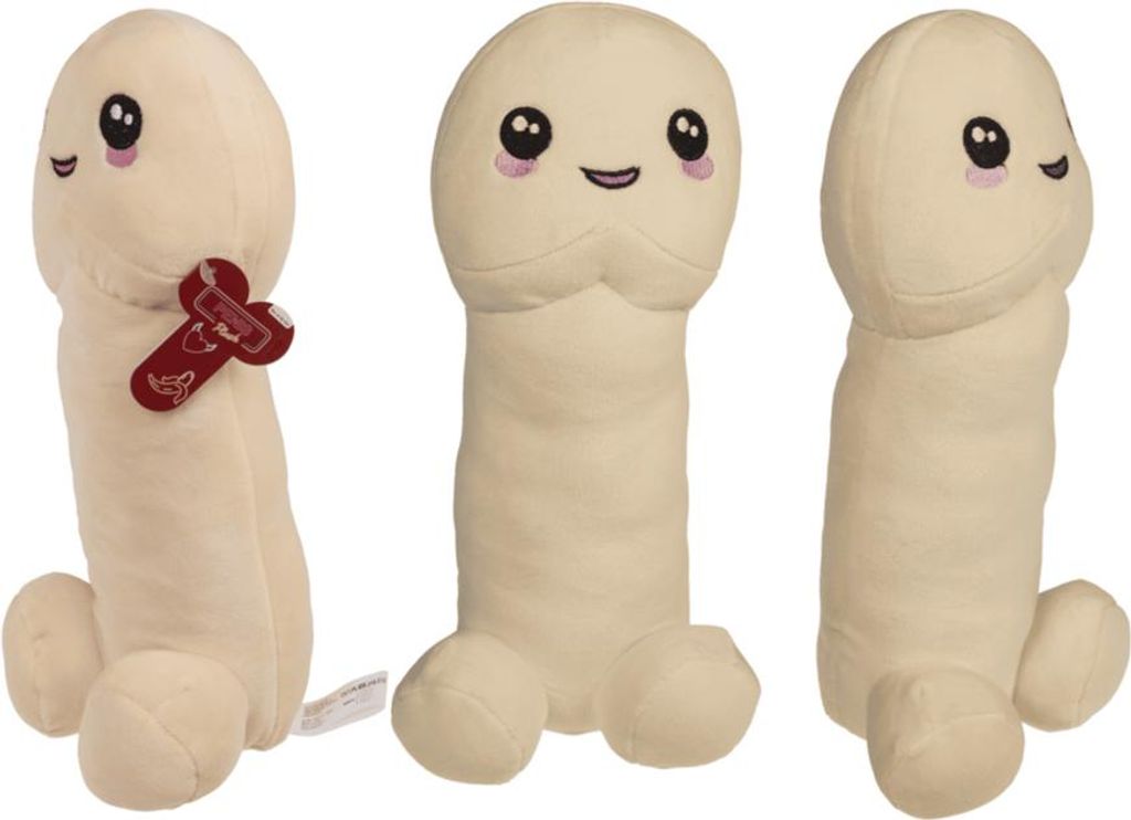 Three views of a plush toy penis.